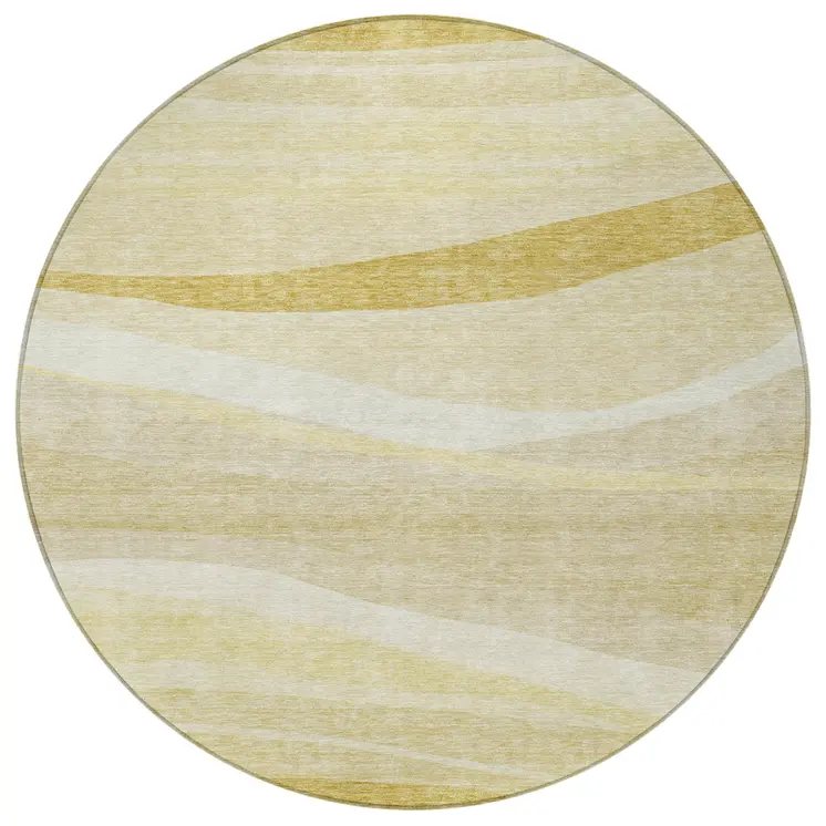 8' Wheat And Ivory Round Abstract Washable Indoor Outdoor Area Rug