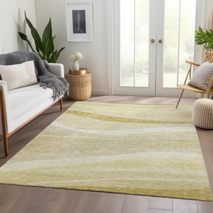 9' X 12' Wheat And Ivory Abstract Washable Indoor Outdoor Area Rug