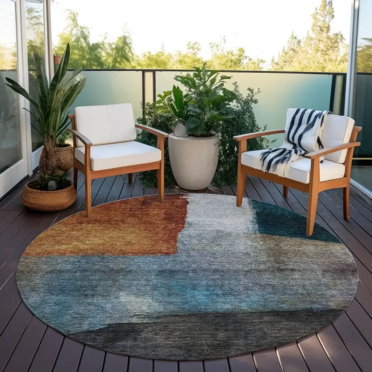 8' Copper Green And Gray Round Abstract Washable Indoor Outdoor Area Rug