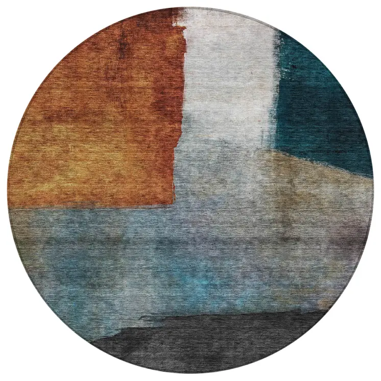 8' Copper Green And Gray Round Abstract Washable Indoor Outdoor Area Rug