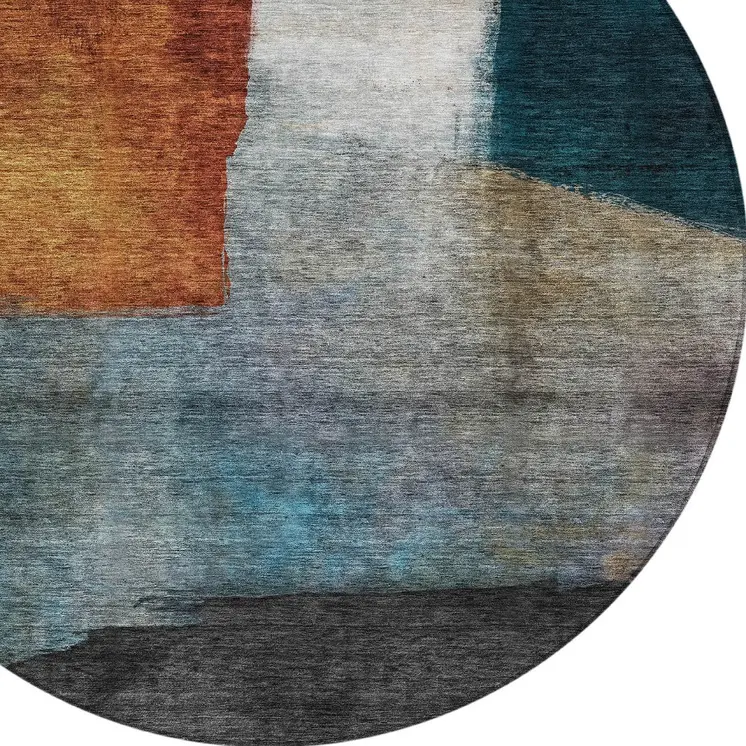 8' Copper Green And Gray Round Abstract Washable Indoor Outdoor Area Rug