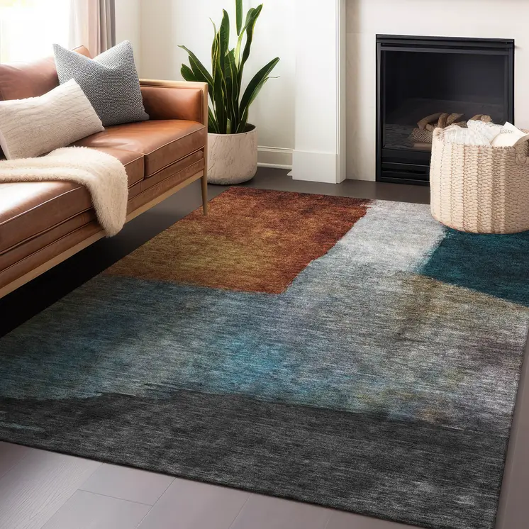 8' X 10' Copper Green And Gray Abstract Washable Indoor Outdoor Area Rug