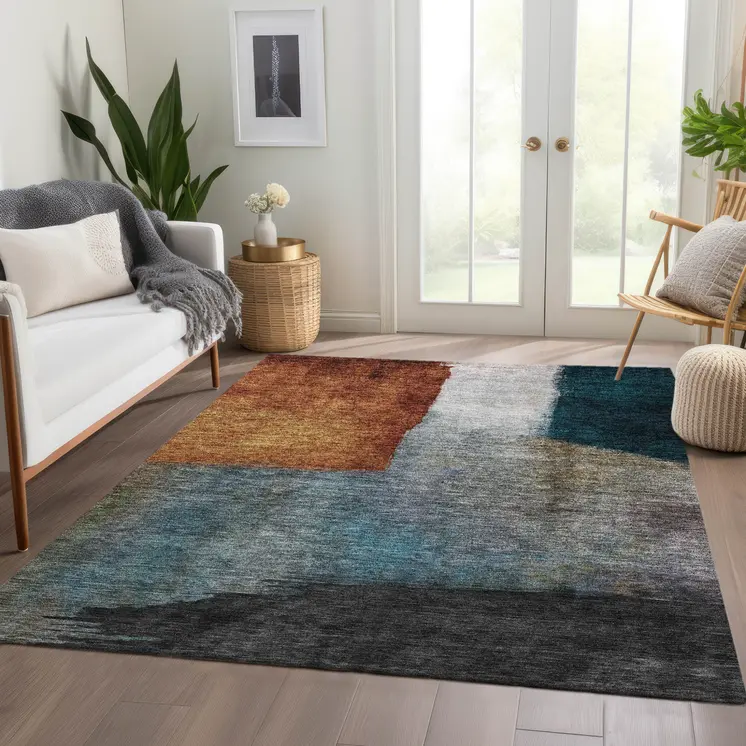 8' X 10' Copper Green And Gray Abstract Washable Indoor Outdoor Area Rug