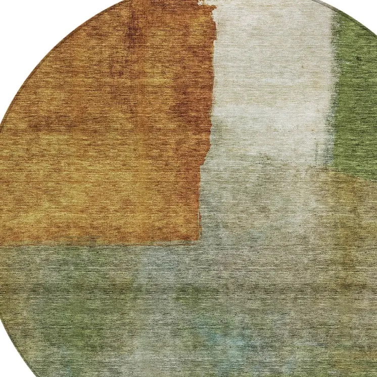 8' Green Copper And Beige Round Abstract Washable Indoor Outdoor Area Rug