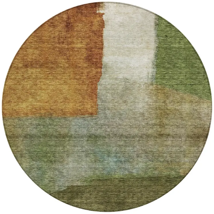 8' Green Copper And Beige Round Abstract Washable Indoor Outdoor Area Rug