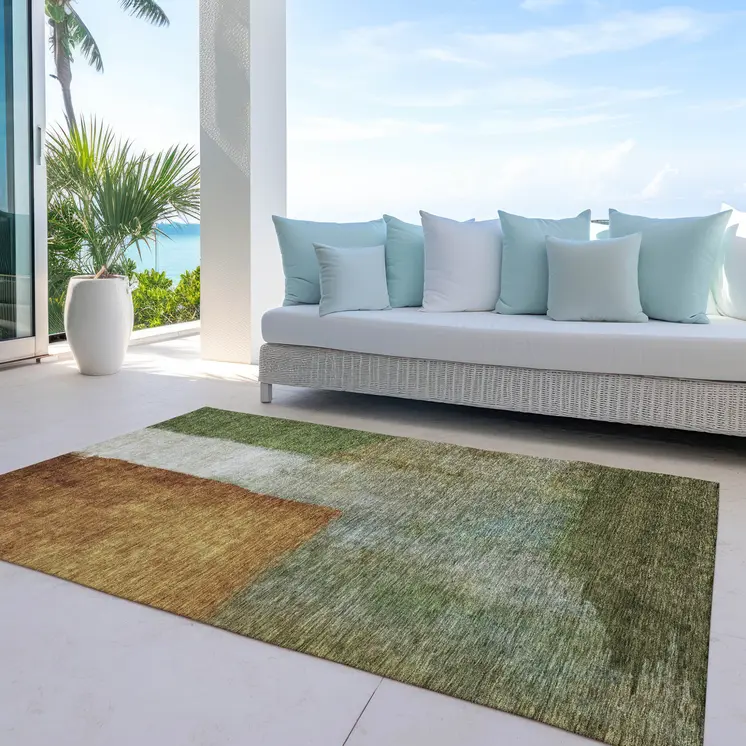 8' X 10' Green Copper And Beige Abstract Washable Indoor Outdoor Area Rug