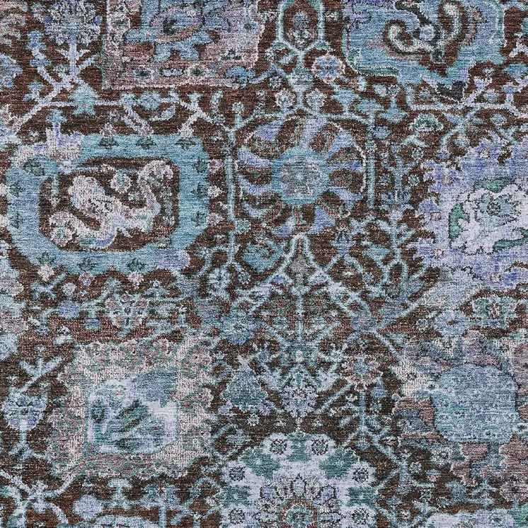 5' X 8' Chocolate And Aqua Damask Washable Indoor Outdoor Area Rug