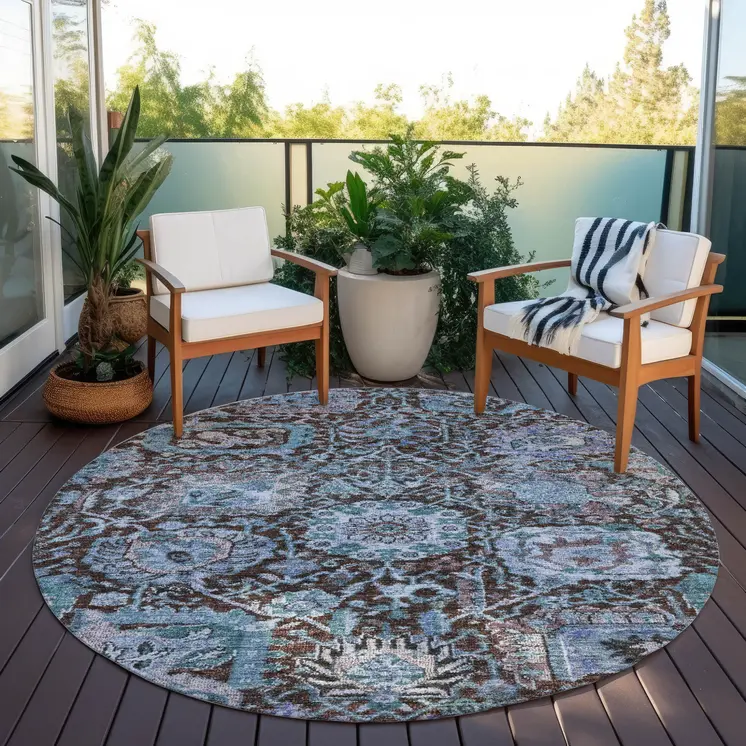 8' Chocolate And Aqua Round Damask Washable Indoor Outdoor Area Rug