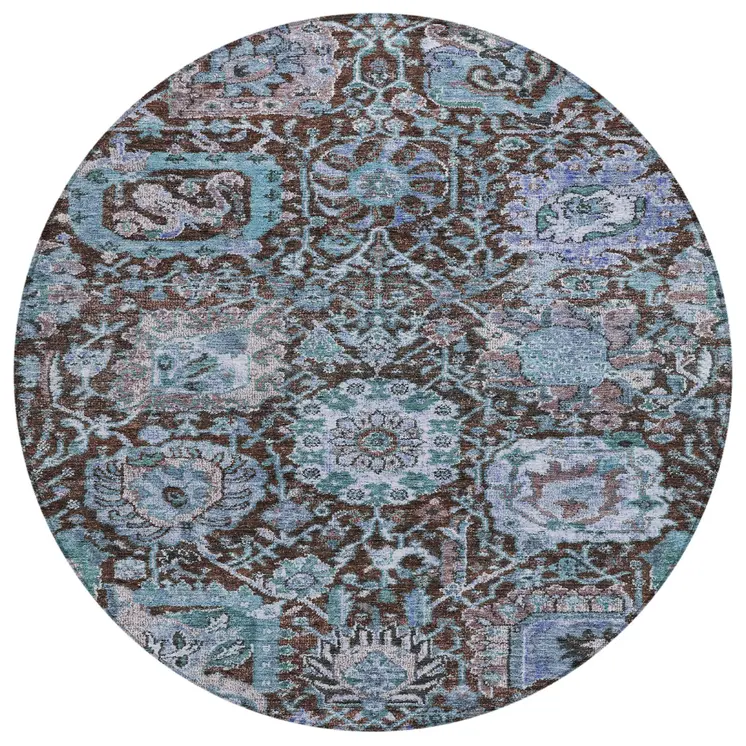 8' Chocolate And Aqua Round Damask Washable Indoor Outdoor Area Rug
