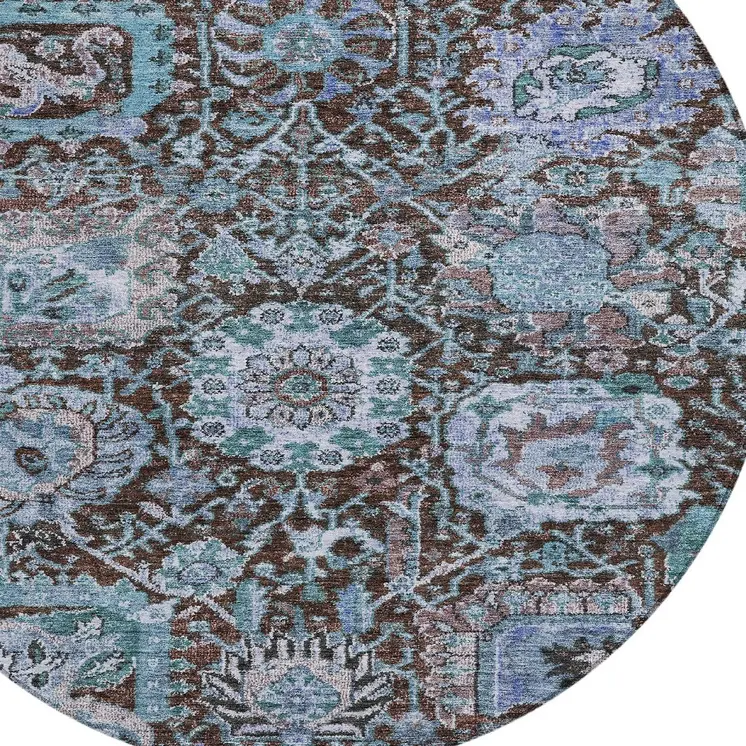 8' Chocolate And Aqua Round Damask Washable Indoor Outdoor Area Rug