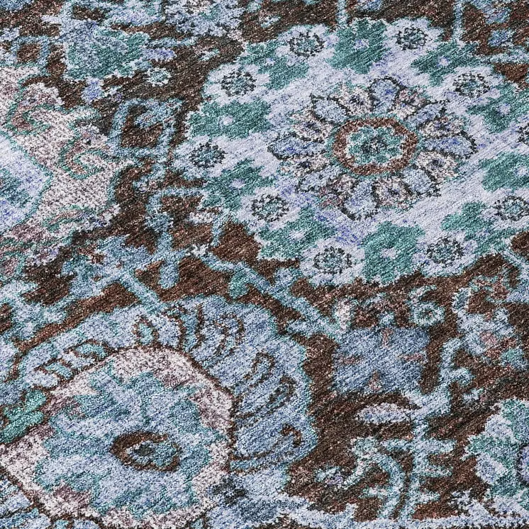 8' Chocolate And Aqua Round Damask Washable Indoor Outdoor Area Rug