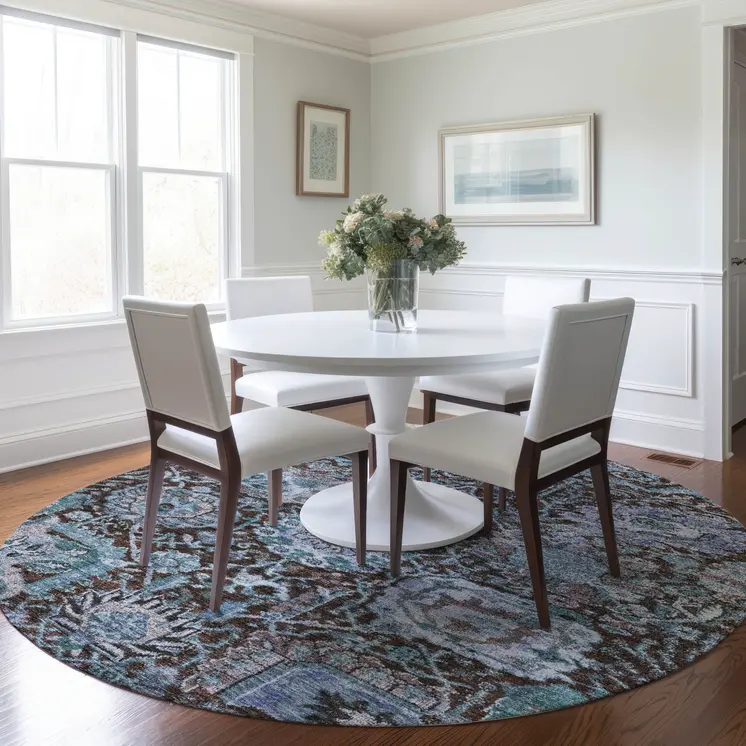 8' Chocolate And Aqua Round Damask Washable Indoor Outdoor Area Rug