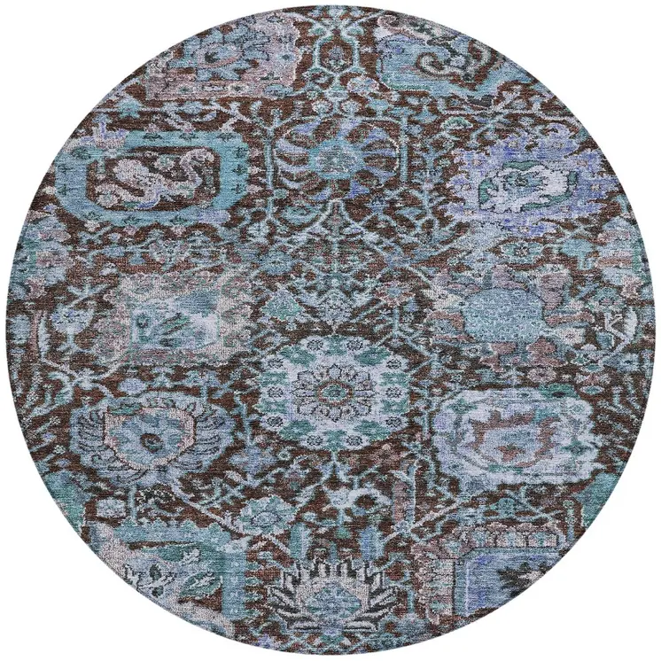 8' Chocolate And Aqua Round Damask Washable Indoor Outdoor Area Rug