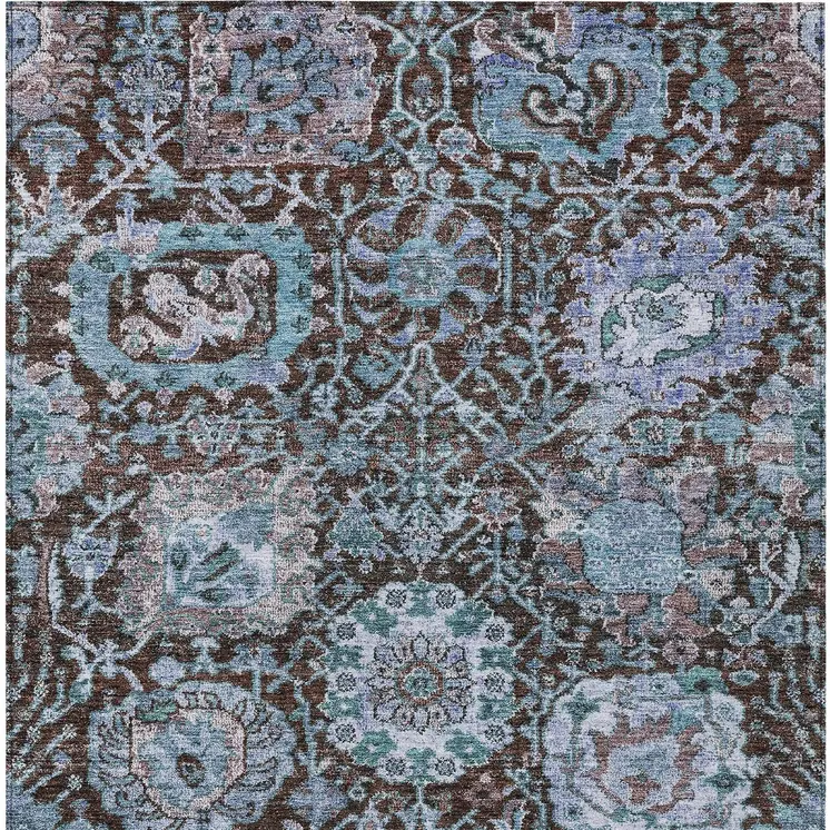 9' X 12' Chocolate And Aqua Damask Washable Indoor Outdoor Area Rug
