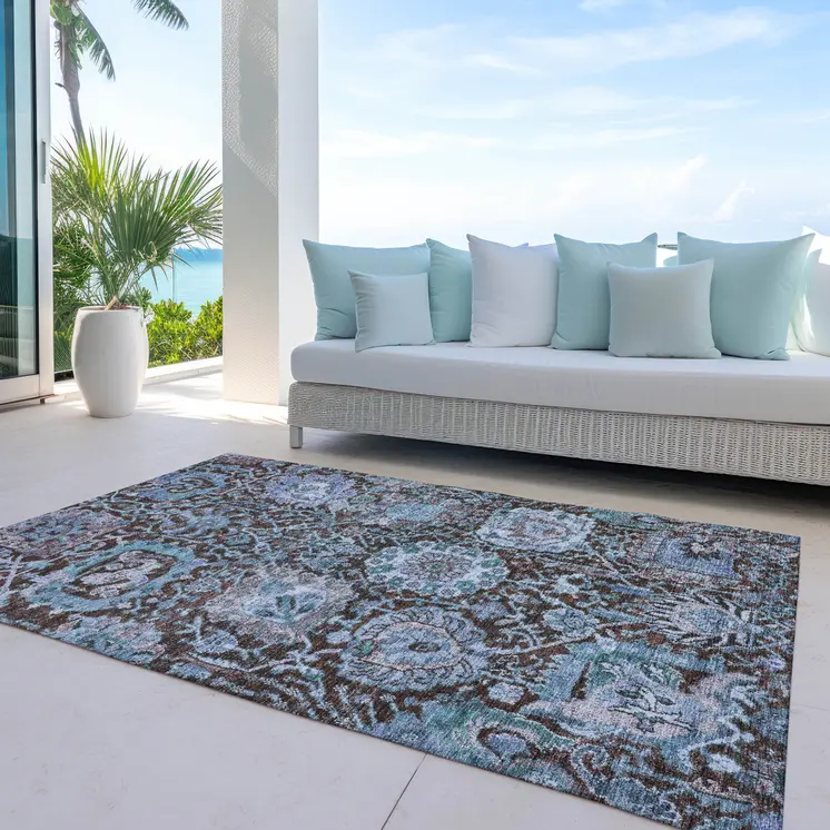 9' X 12' Chocolate And Aqua Damask Washable Indoor Outdoor Area Rug