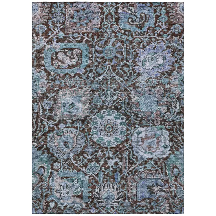 9' X 12' Chocolate And Aqua Damask Washable Indoor Outdoor Area Rug