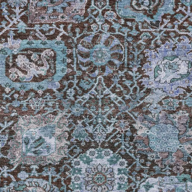 9' X 12' Chocolate And Aqua Damask Washable Indoor Outdoor Area Rug
