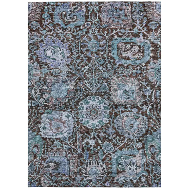 10' X 14' Chocolate And Aqua Damask Washable Indoor Outdoor Area Rug