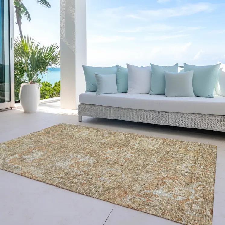 3' X 5' Khaki And Brown Damask Washable Indoor Outdoor Area Rug