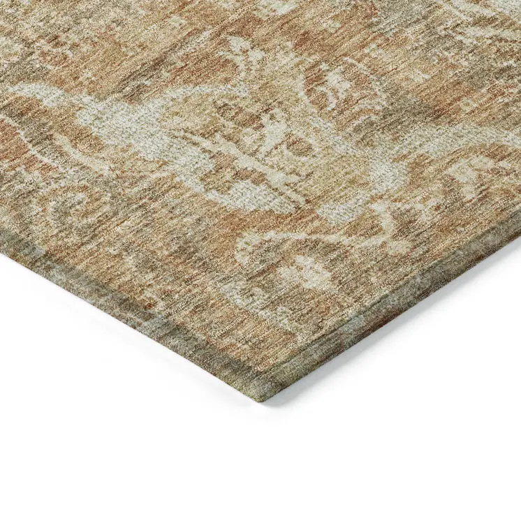 3' X 5' Khaki And Brown Damask Washable Indoor Outdoor Area Rug