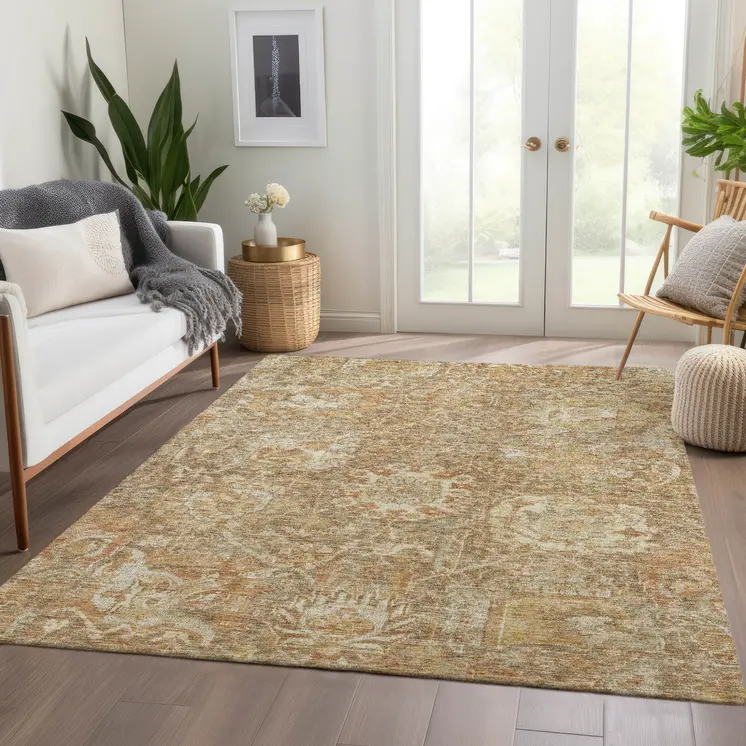 3' X 5' Khaki And Brown Damask Washable Indoor Outdoor Area Rug