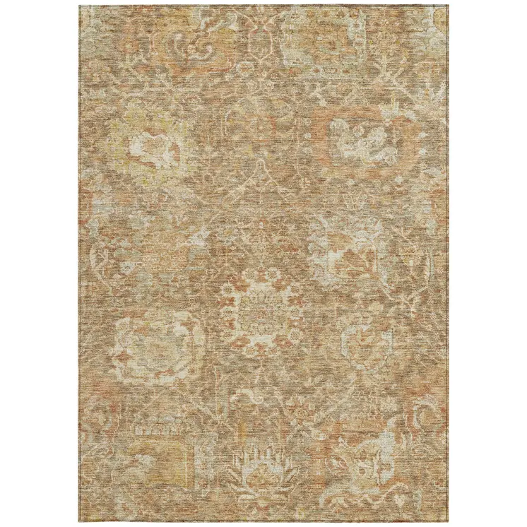 5' X 8' Khaki And Brown Damask Washable Indoor Outdoor Area Rug
