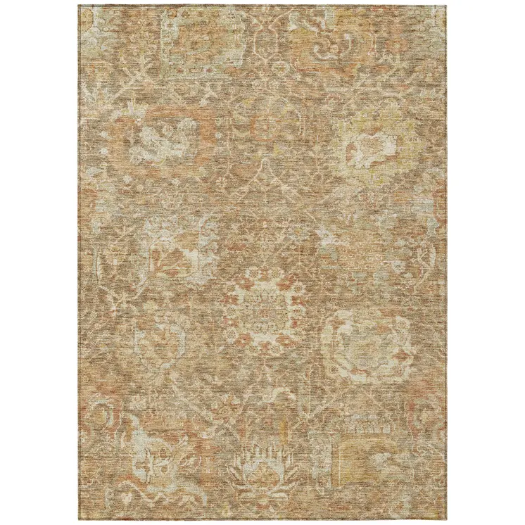 5' X 8' Khaki And Brown Damask Washable Indoor Outdoor Area Rug