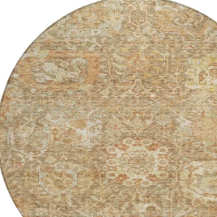 8' Khaki And Brown Round Damask Washable Indoor Outdoor Area Rug