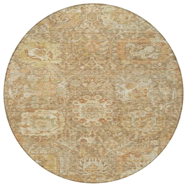 8' Khaki And Brown Round Damask Washable Indoor Outdoor Area Rug