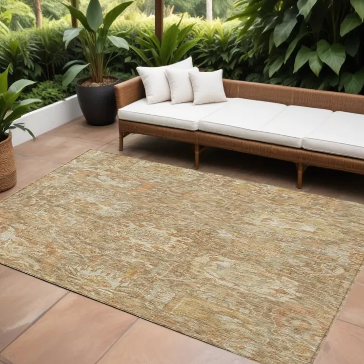 10' X 14' Khaki And Brown Damask Washable Indoor Outdoor Area Rug