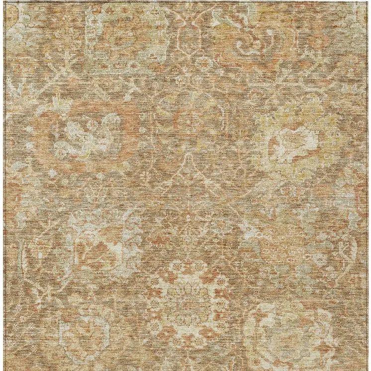 10' X 14' Khaki And Brown Damask Washable Indoor Outdoor Area Rug