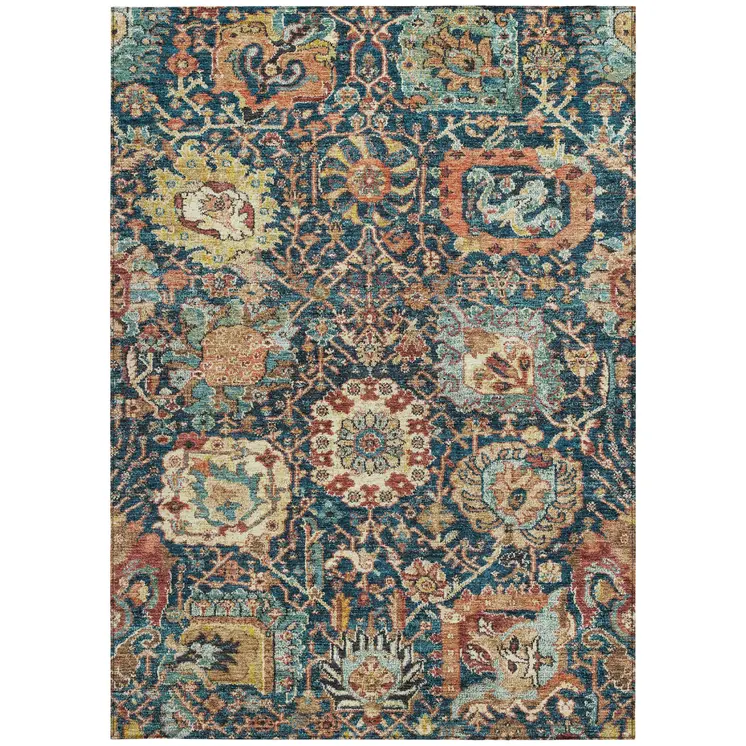 3' X 5' Navy Blue Terra Cotta And Beige Damask Washable Indoor Outdoor Area Rug