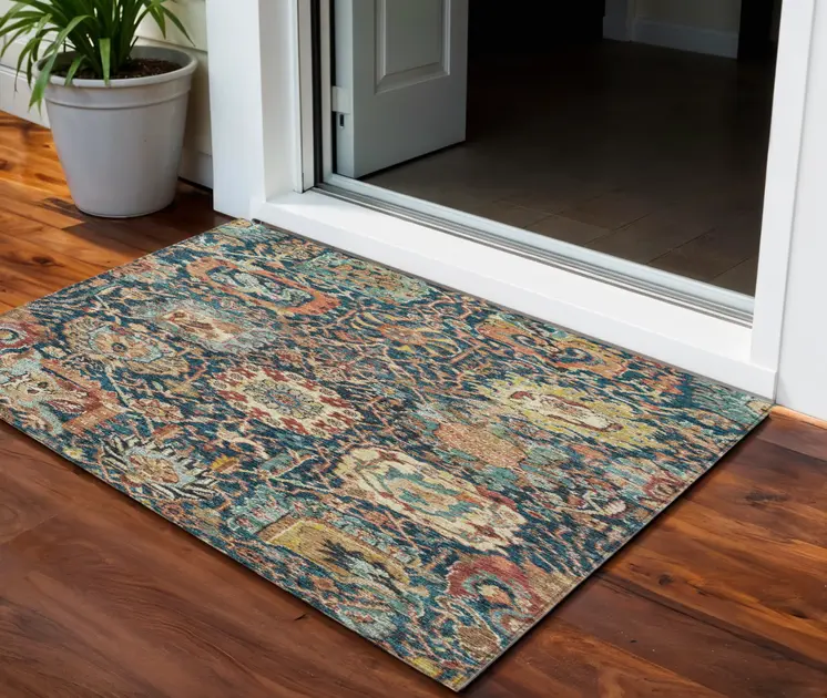 3' X 5' Navy Blue Terra Cotta And Beige Damask Washable Indoor Outdoor Area Rug