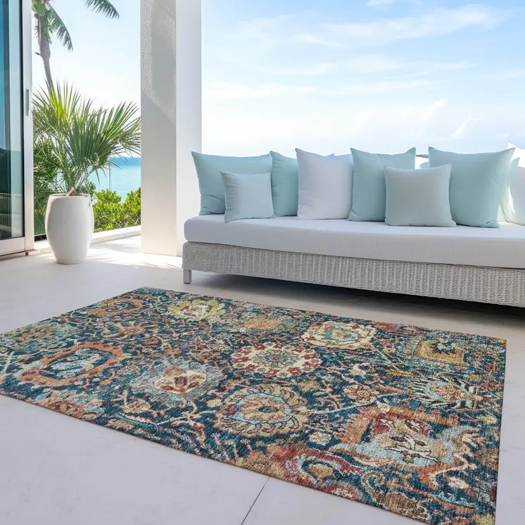 3' X 5' Navy Blue Terra Cotta And Beige Damask Washable Indoor Outdoor Area Rug
