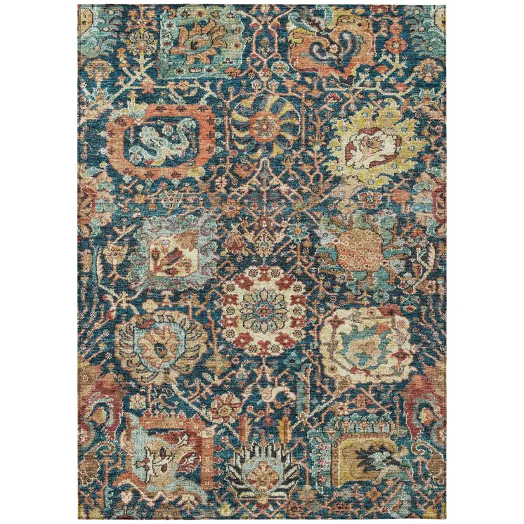 3' X 5' Navy Blue Terra Cotta And Beige Damask Washable Indoor Outdoor Area Rug