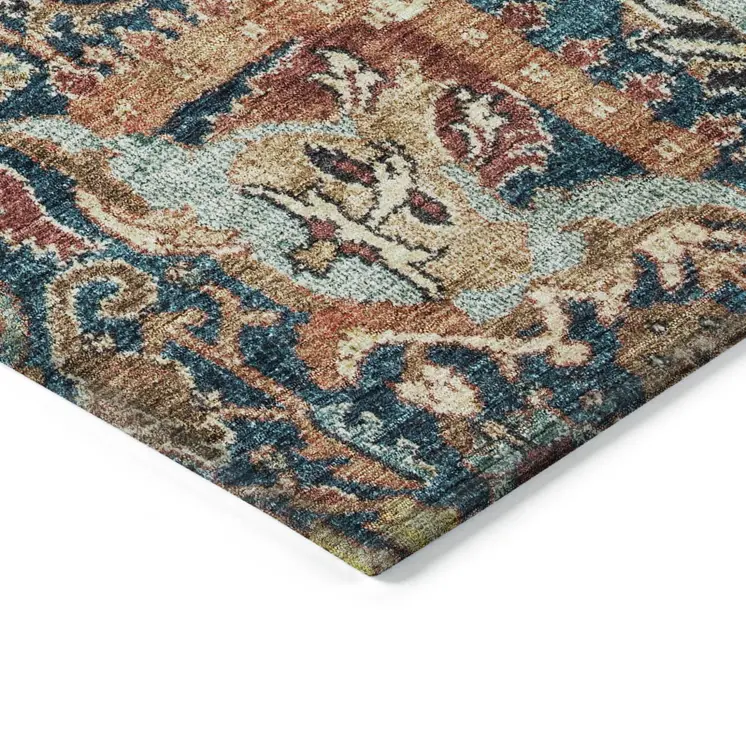 3' X 5' Navy Blue Terra Cotta And Beige Damask Washable Indoor Outdoor Area Rug