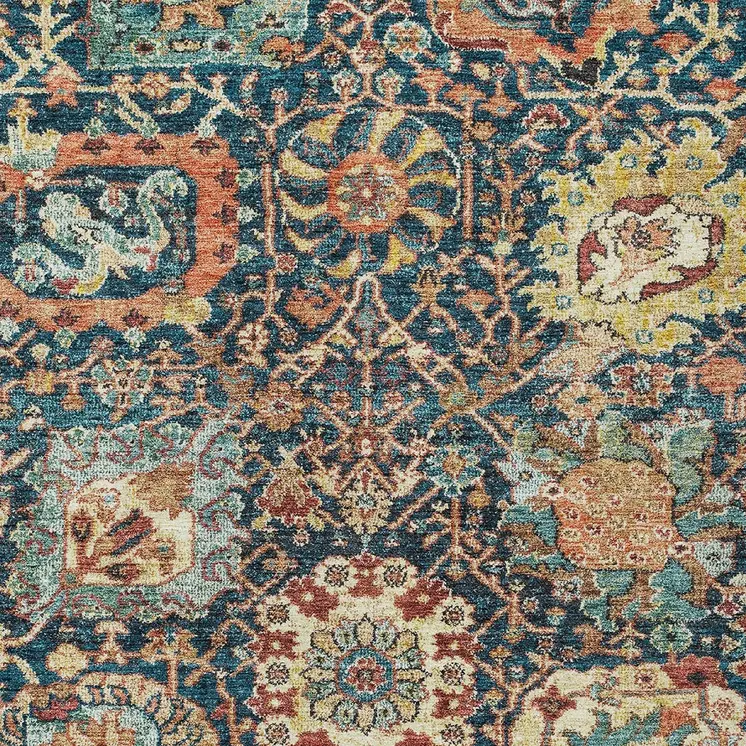 3' X 5' Navy Blue Terra Cotta And Beige Damask Washable Indoor Outdoor Area Rug