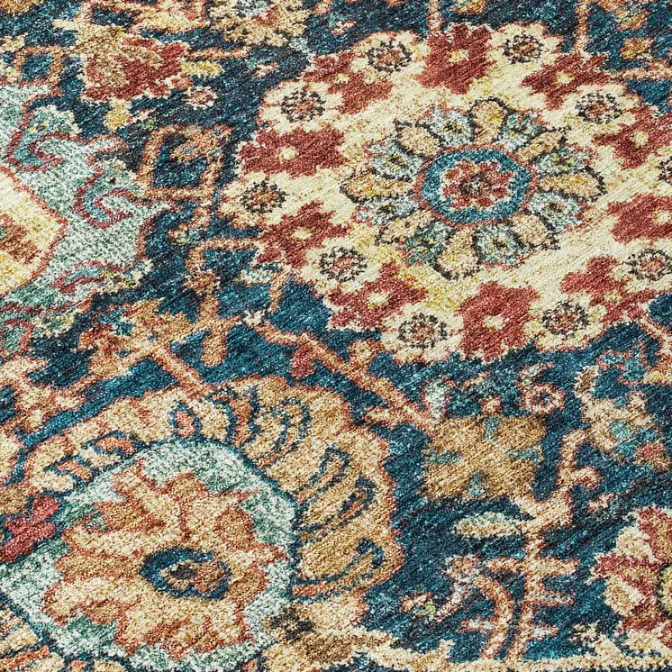 3' X 5' Navy Blue Terra Cotta And Beige Damask Washable Indoor Outdoor Area Rug