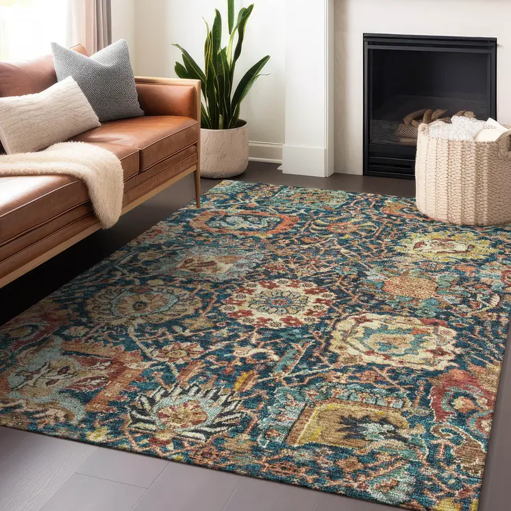 3' X 5' Navy Blue Terra Cotta And Beige Damask Washable Indoor Outdoor Area Rug