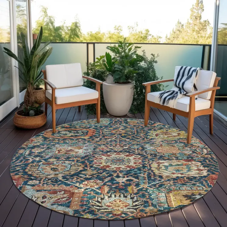 8' Navy Blue Terra Cotta And Beige Round Damask Washable Indoor Outdoor Area Rug