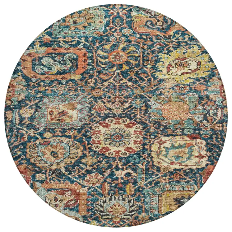 8' Navy Blue Terra Cotta And Beige Round Damask Washable Indoor Outdoor Area Rug