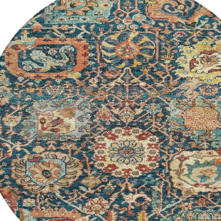 8' Navy Blue Terra Cotta And Beige Round Damask Washable Indoor Outdoor Area Rug