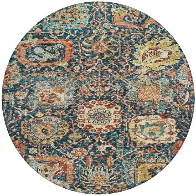 8' Navy Blue Terra Cotta And Beige Round Damask Washable Indoor Outdoor Area Rug