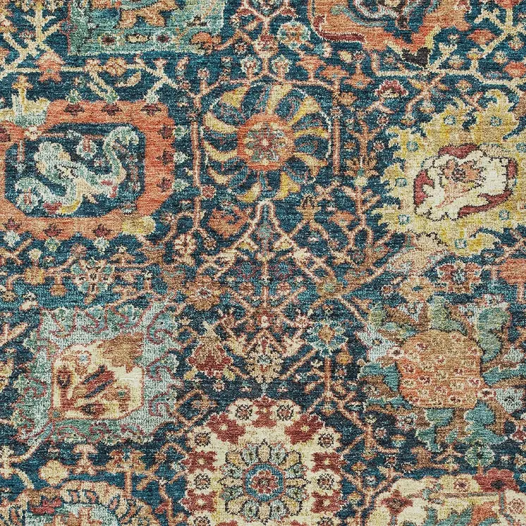 9' X 12' Navy Blue Terra Cotta And Beige Damask Washable Indoor Outdoor Area Rug