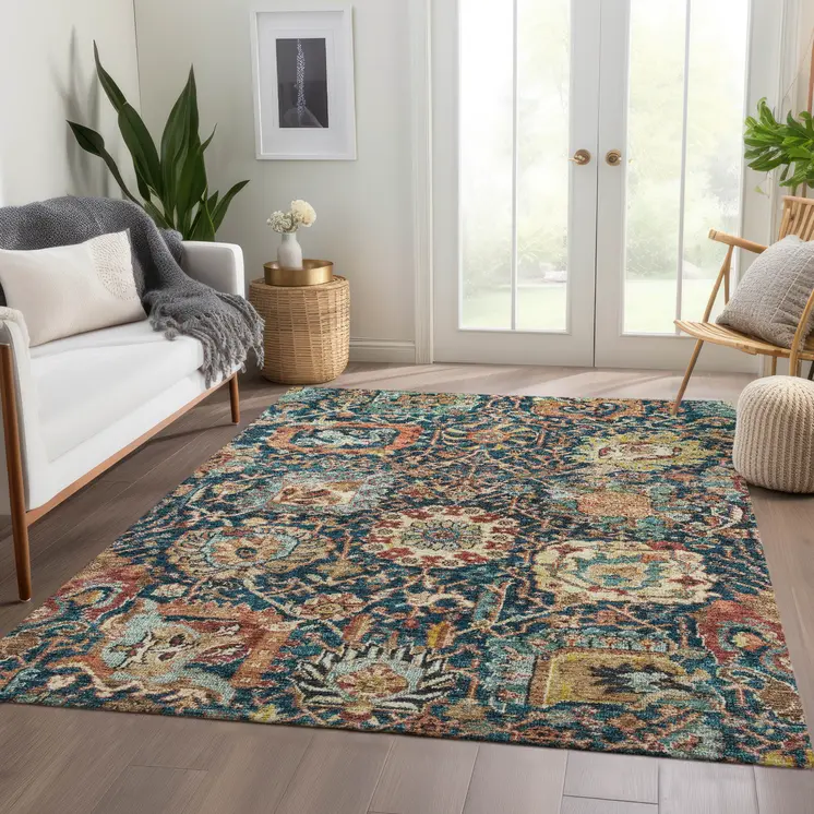 10' X 14' Navy Blue Terra Cotta And Beige Damask Washable Indoor Outdoor Area Rug