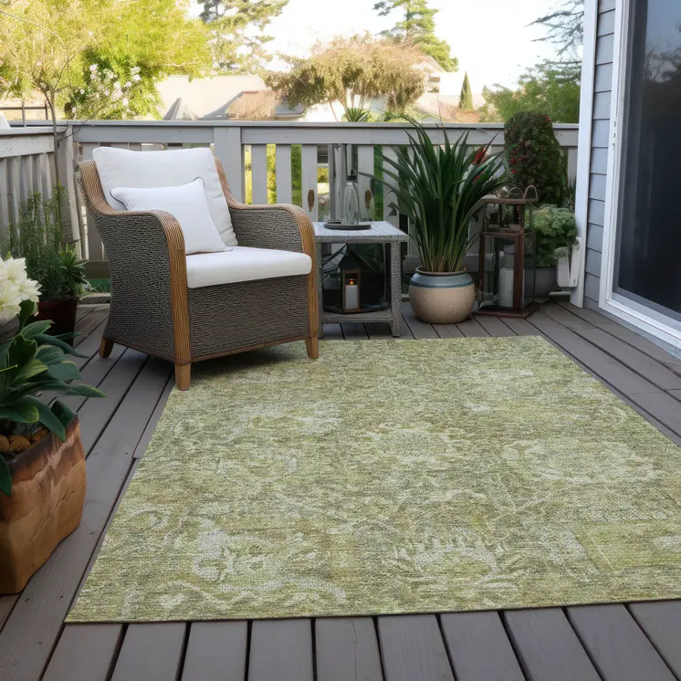 3' X 5' Sage And Green Damask Washable Indoor Outdoor Area Rug