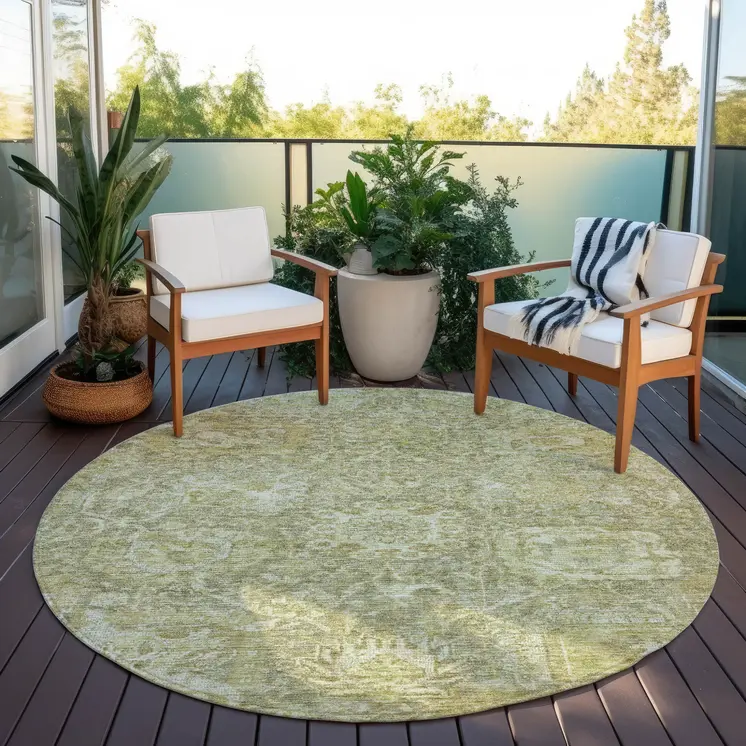 8' Sage And Green Round Damask Washable Indoor Outdoor Area Rug