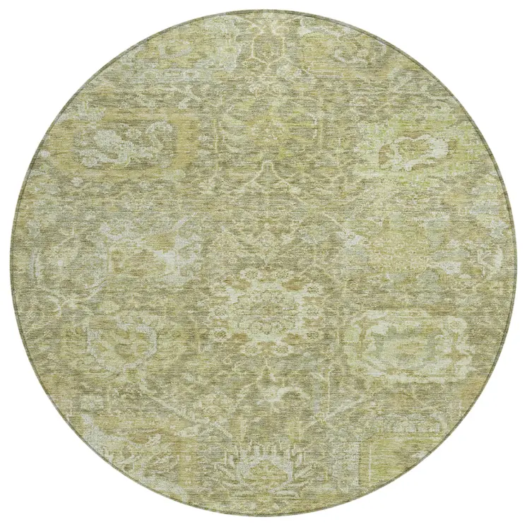 8' Sage And Green Round Damask Washable Indoor Outdoor Area Rug