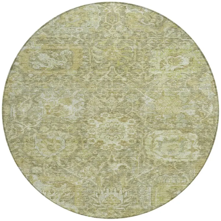 8' Sage And Green Round Damask Washable Indoor Outdoor Area Rug