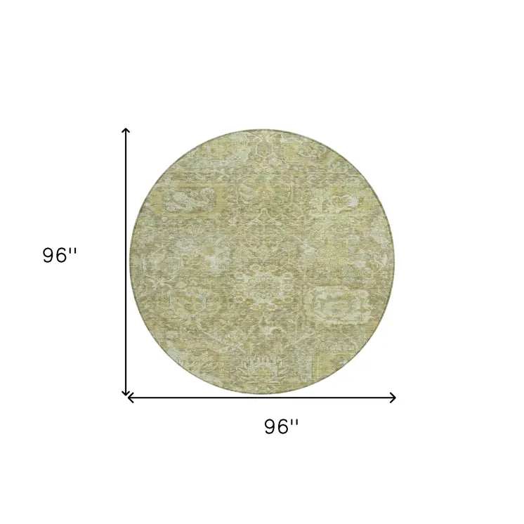 8' Sage And Green Round Damask Washable Indoor Outdoor Area Rug